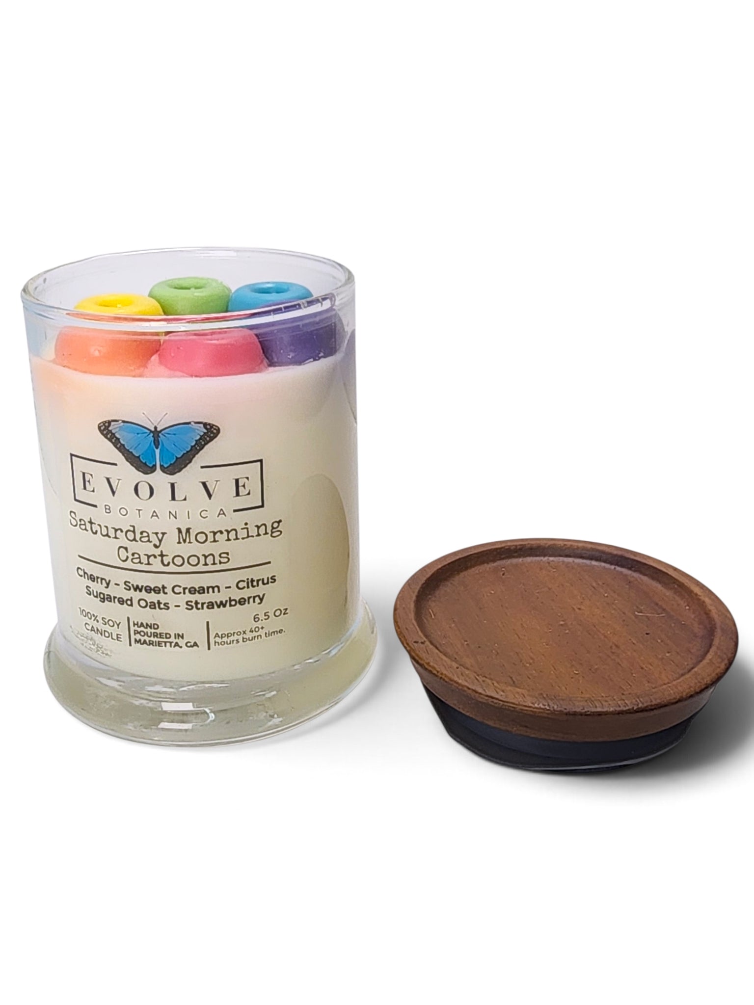 Evolve Botanica Saturday Morning Cartoons 6.5 oz soy sipper candle, crystal candle on white background, hand-poured in Marietta GA
