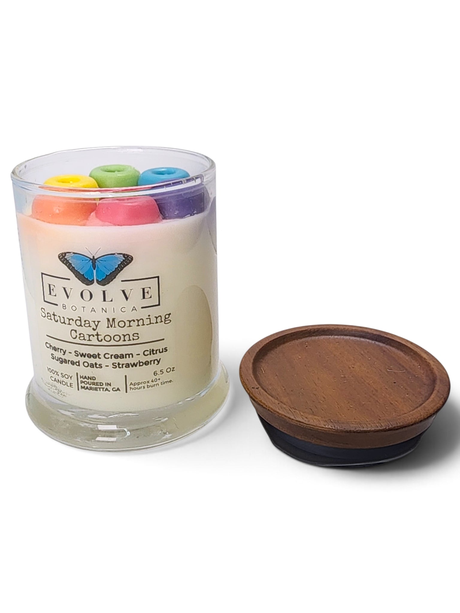 Evolve Botanica Saturday Morning Cartoons 6.5 oz soy sipper candle, crystal candle on white background, hand-poured in Marietta GA