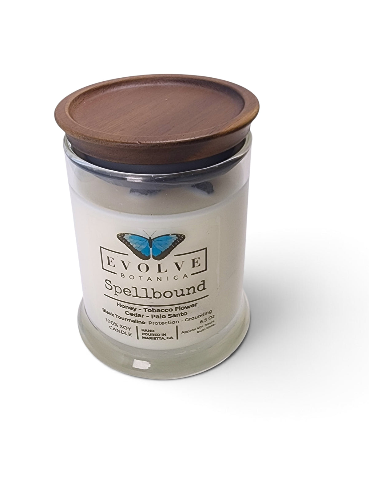 Evolve Botanica Spellbound 6.5 oz soy sipper candle, crystal candle on white background, hand-poured in Marietta GA