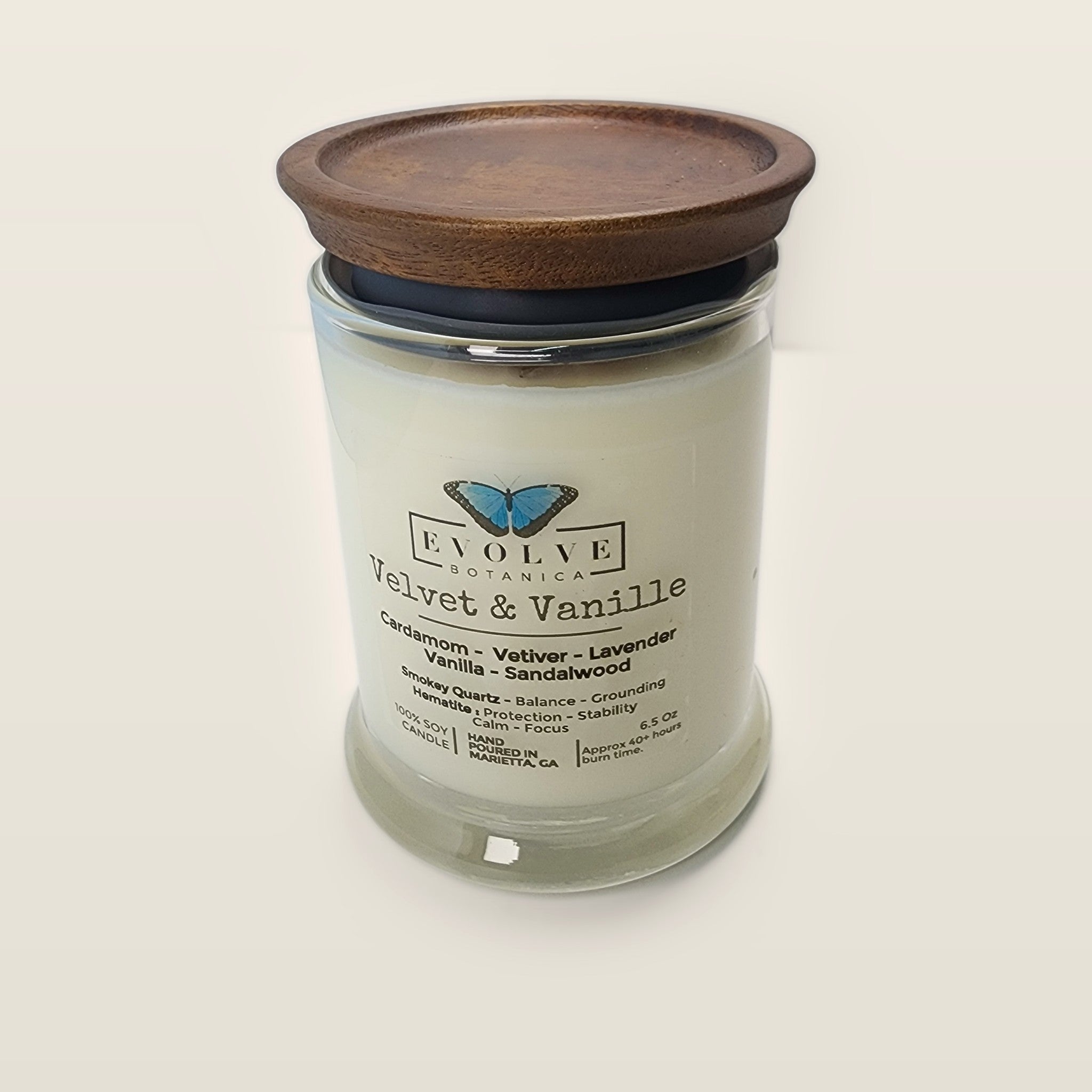 Evolve Botanica Velvet & Vanille 6.5 oz soy sipper candle with wood lid, hand-poured in Marietta GA
