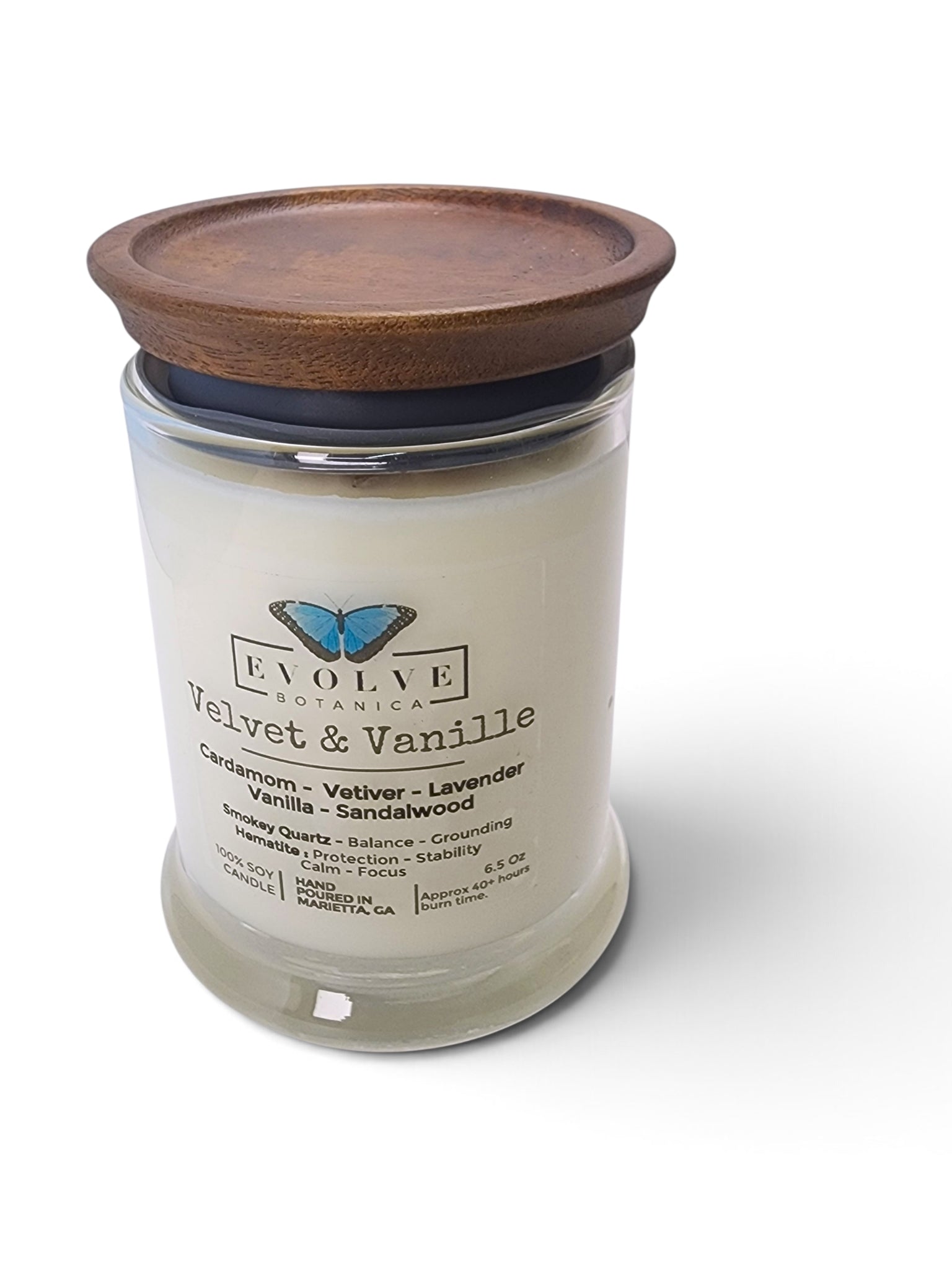 Evolve Botanica Velvet & Vanille 6.5 oz soy sipper candle, crystal candle on white background, hand-poured in Marietta GA