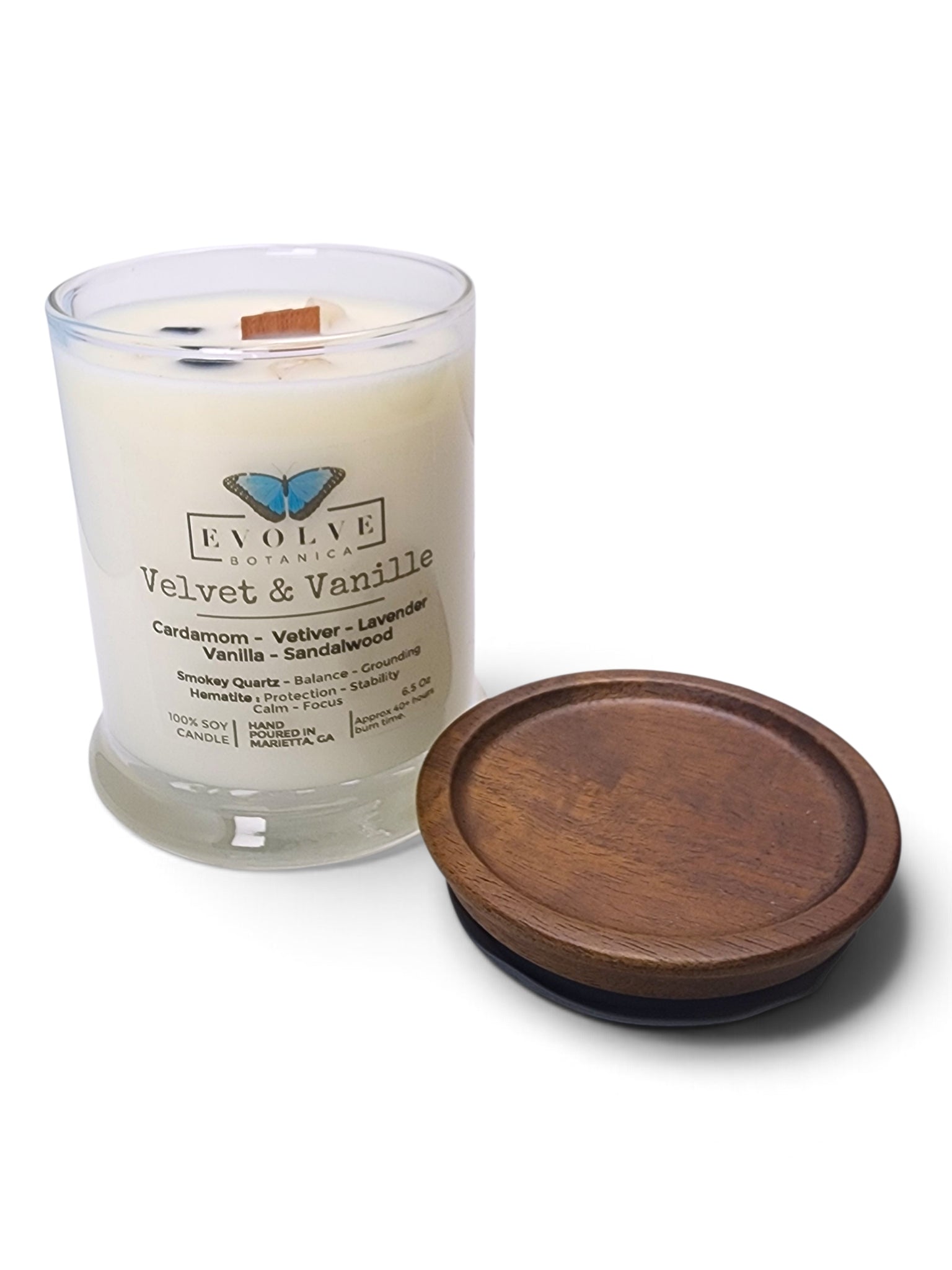 Evolve Botanica Velvet & Vanille 6.5 oz soy sipper candle, crystal candle on white background, hand-poured in Marietta GA