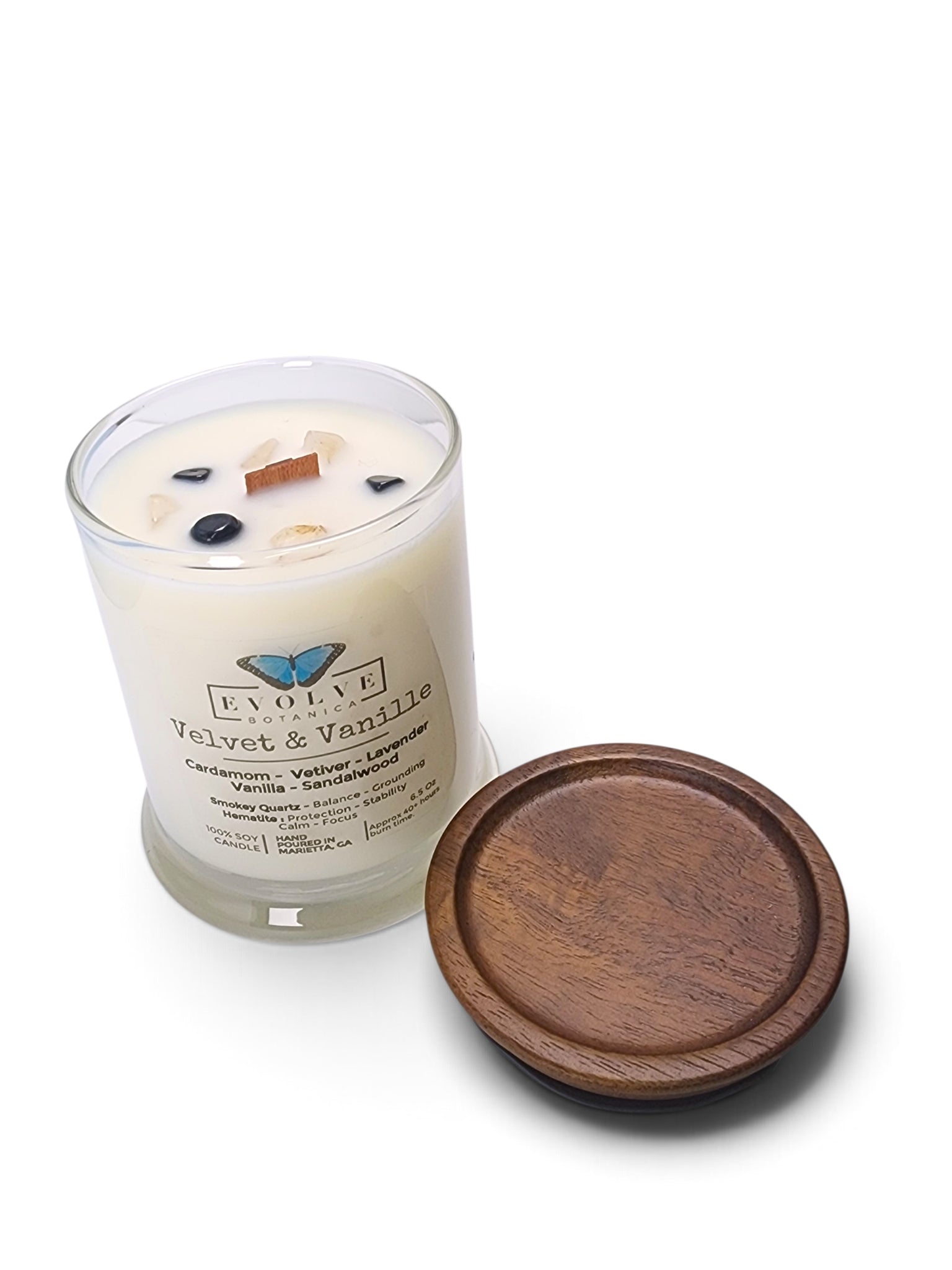 Evolve Botanica Velvet & Vanille 6.5 oz soy sipper candle, crystal candle on white background, hand-poured in Marietta GA