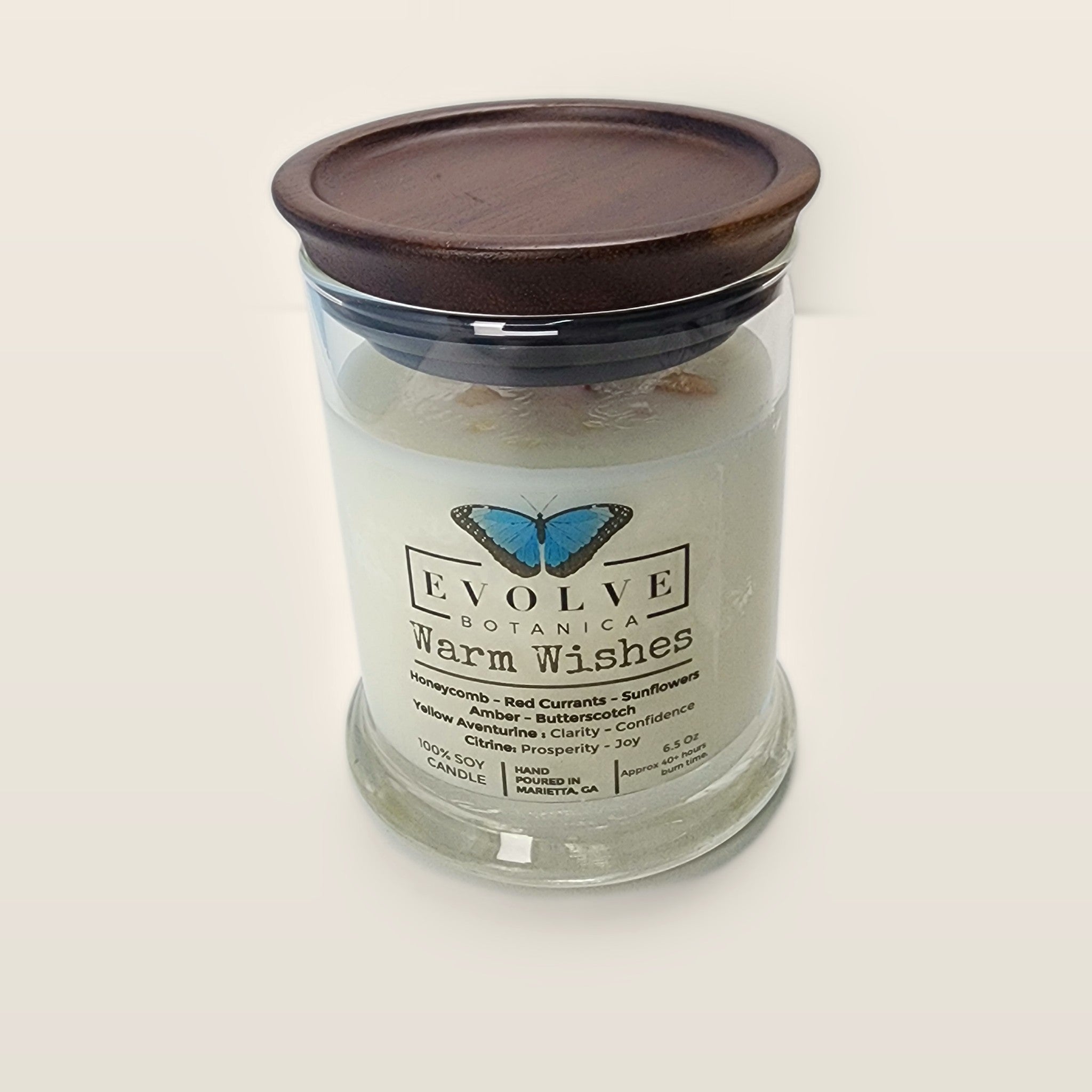 Evolve Botanica Warm Wishes 6.5 oz soy sipper candle with wood lid, hand-poured in Marietta GA