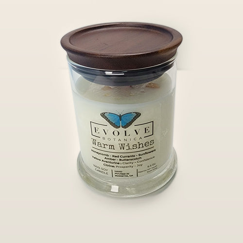 Evolve Botanica Warm Wishes 6.5 oz soy sipper candle with wood lid, hand-poured in Marietta GA
