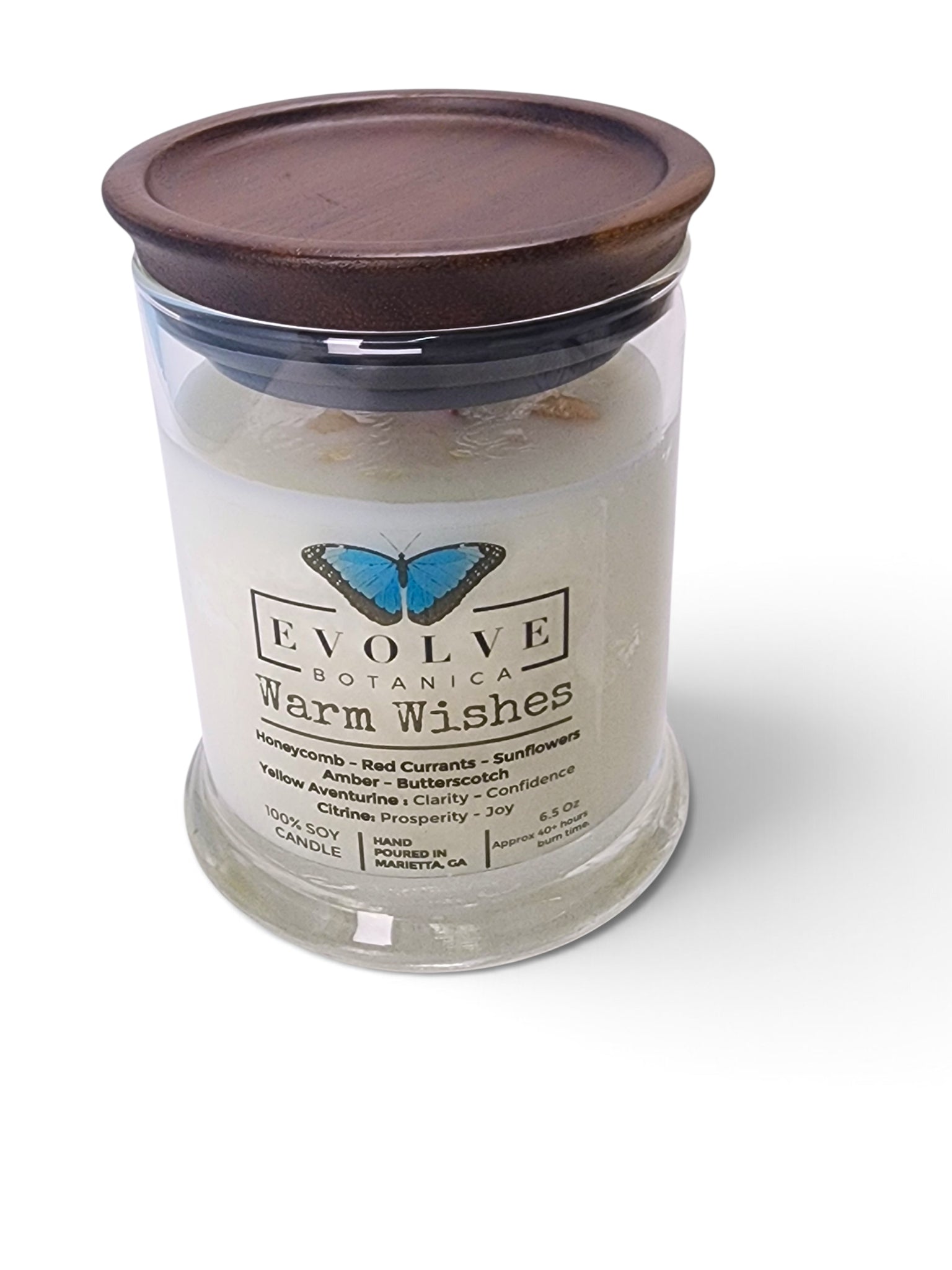 Evolve Botanica Warm Wishes 6.5 oz soy sipper candle, crystal candle on white background, hand-poured in Marietta GA