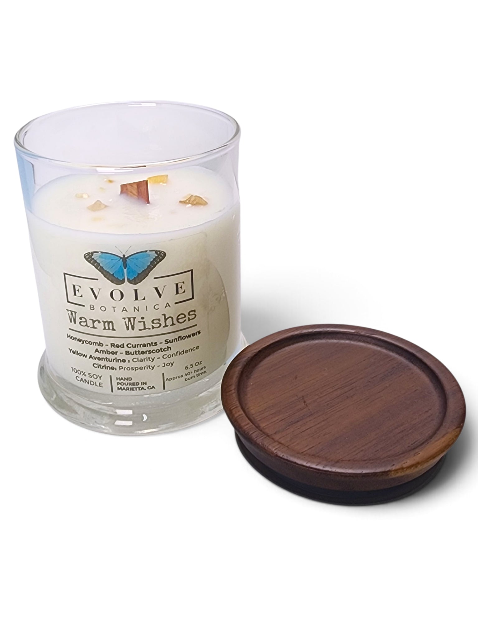 Evolve Botanica Warm Wishes 6.5 oz soy sipper candle, crystal candle on white background, hand-poured in Marietta GA