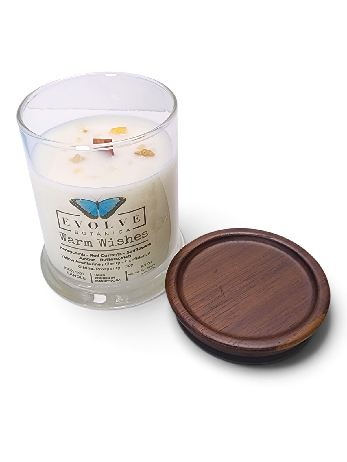 Evolve Botanica Warm Wishes 6.5 oz soy sipper candle, crystal candle on white background, hand-poured in Marietta GA
