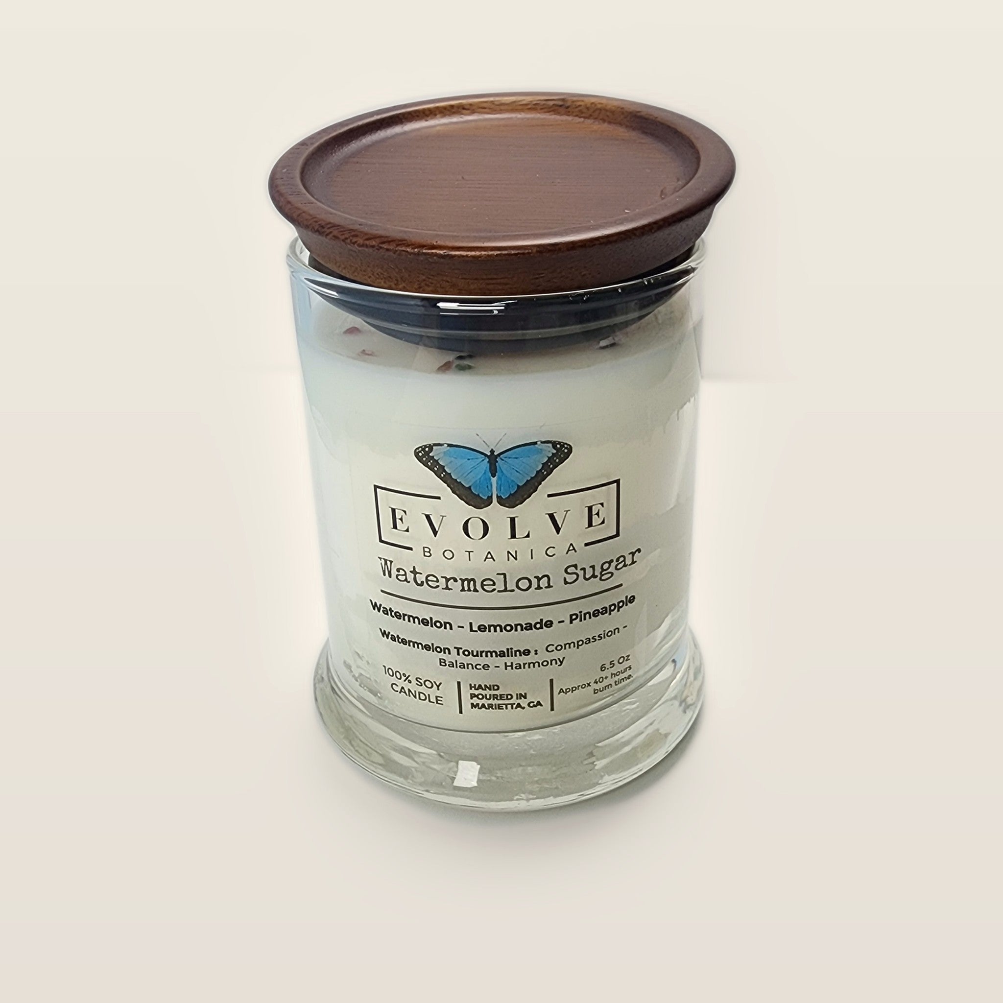 Evolve Botanica Watermelon Sugar 6.5 oz soy sipper candle with wood lid, hand-poured in Marietta GA