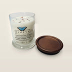 Evolve Botanica Watermelon Sugar 6.5 oz soy sipper candle open with wood lid and crystals