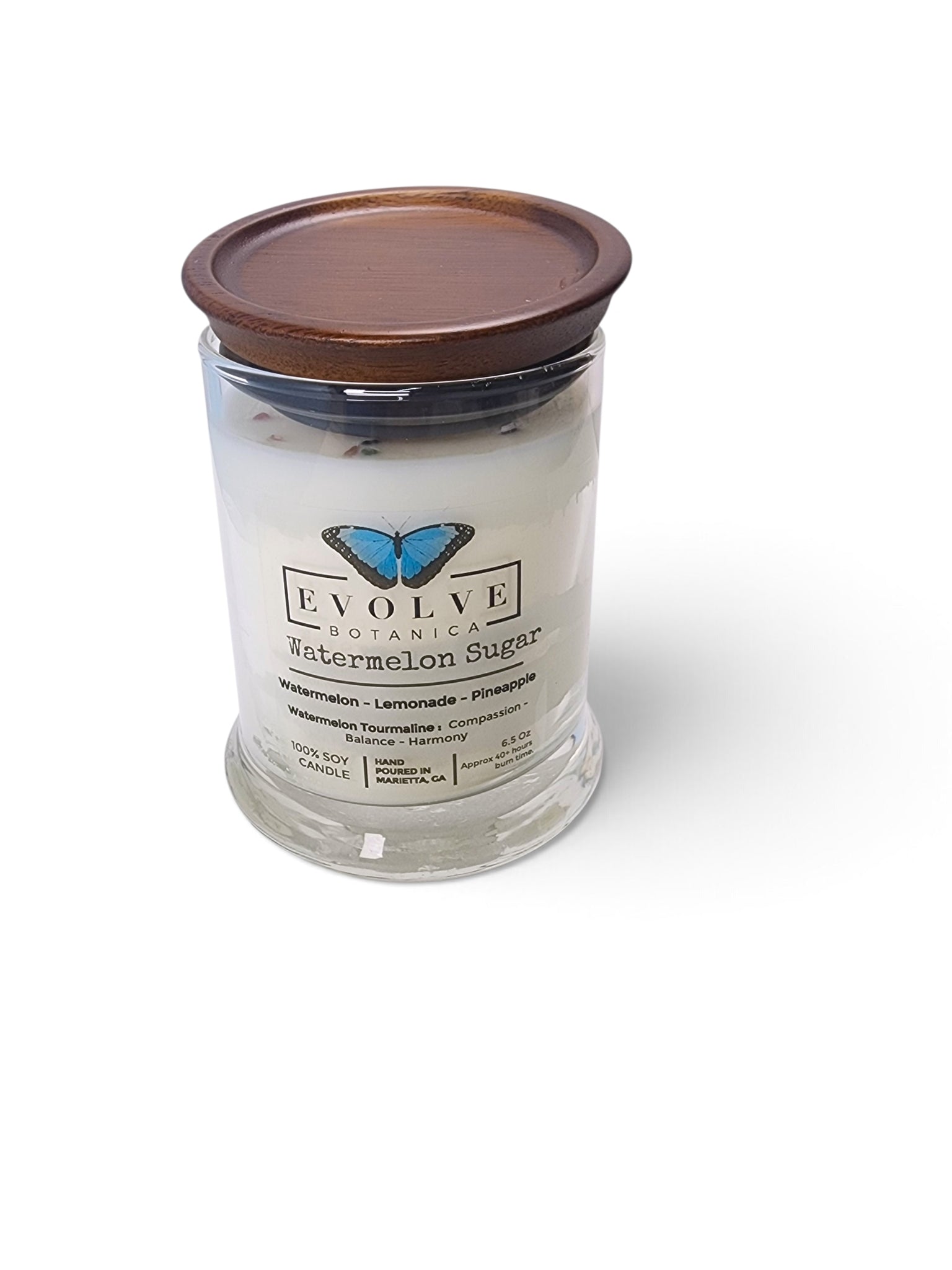 Evolve Botanica Watermelon Sugar 6.5 oz soy sipper candle, crystal candle on white background, hand-poured in Marietta GA