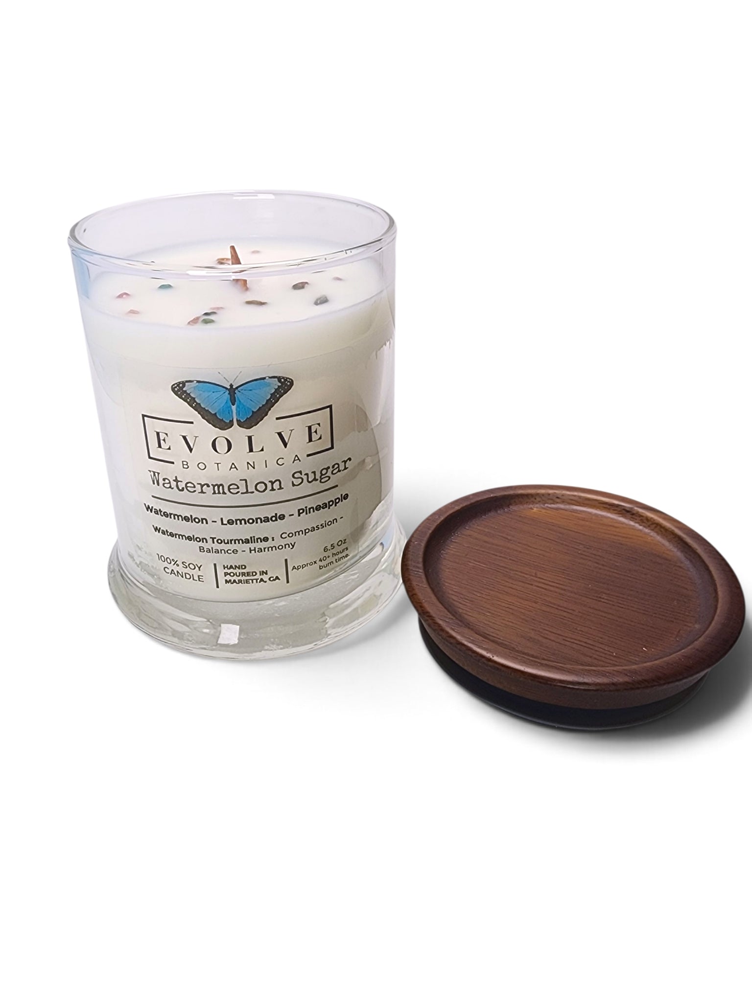 Evolve Botanica Watermelon Sugar 6.5 oz soy sipper candle, crystal candle on white background, hand-poured in Marietta GA