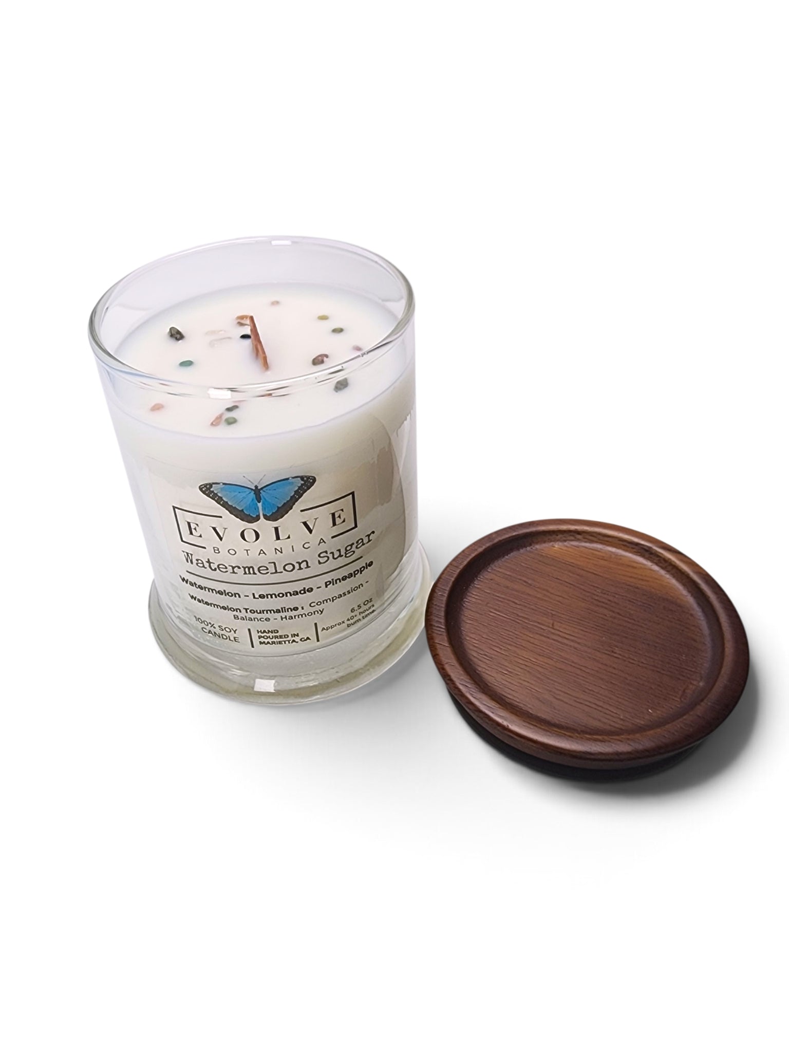 Evolve Botanica Watermelon Sugar 6.5 oz soy sipper candle, crystal candle on white background, hand-poured in Marietta GA