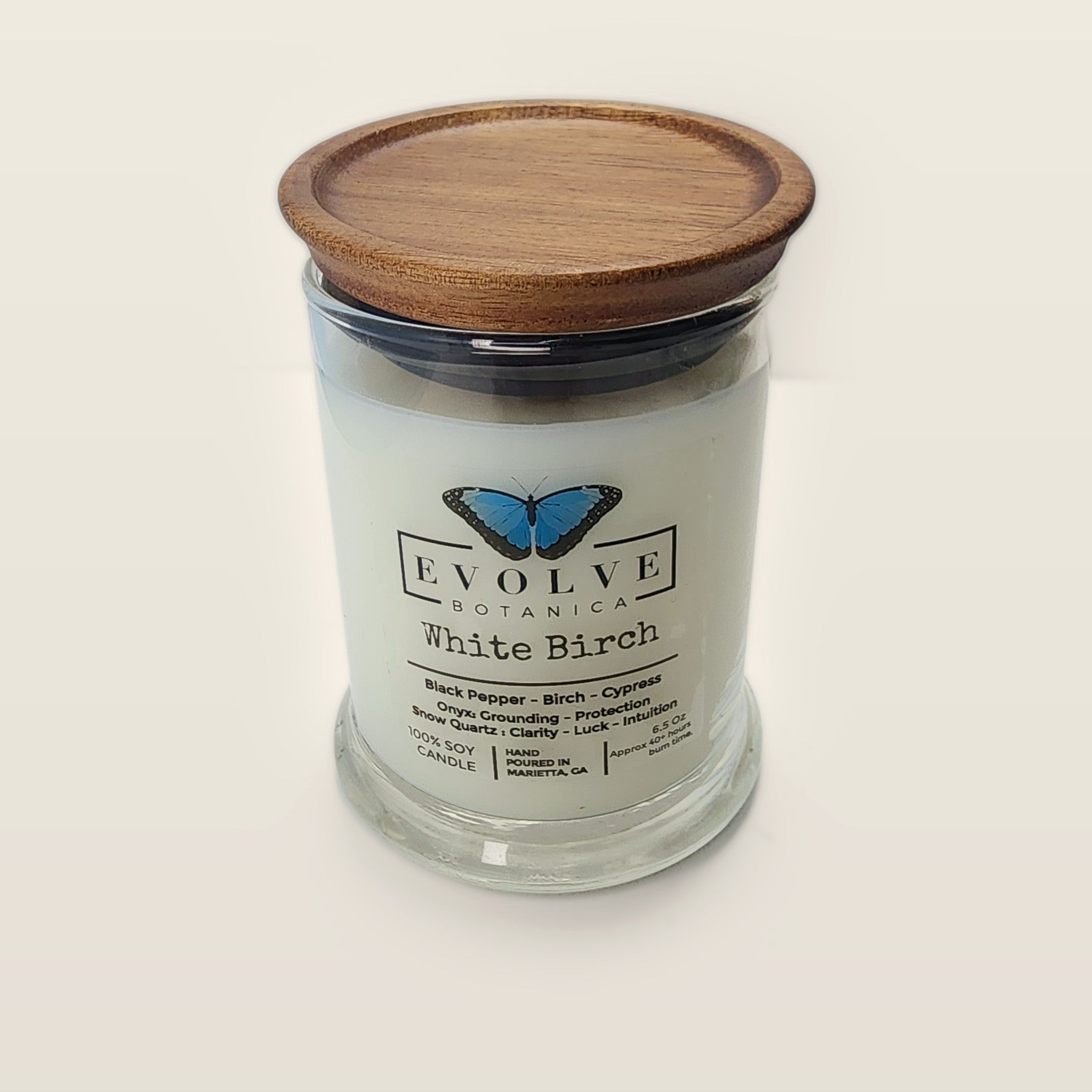 Evolve Botanica White Birch 6.5 oz soy sipper candle with wood lid, hand-poured in Marietta GA