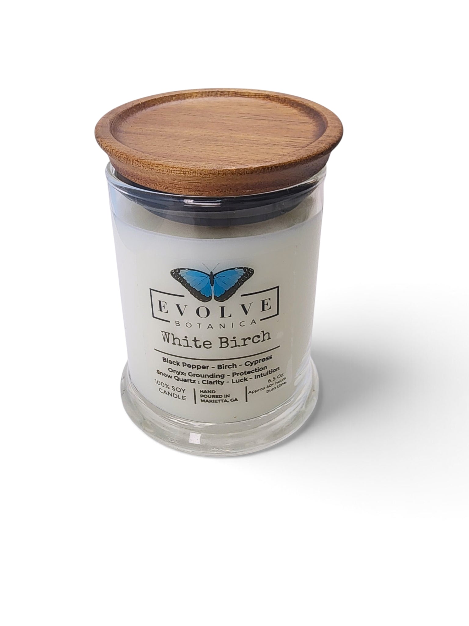 Evolve Botanica White Birch 6.5 oz soy sipper candle, crystal candle on white background, hand-poured in Marietta GA