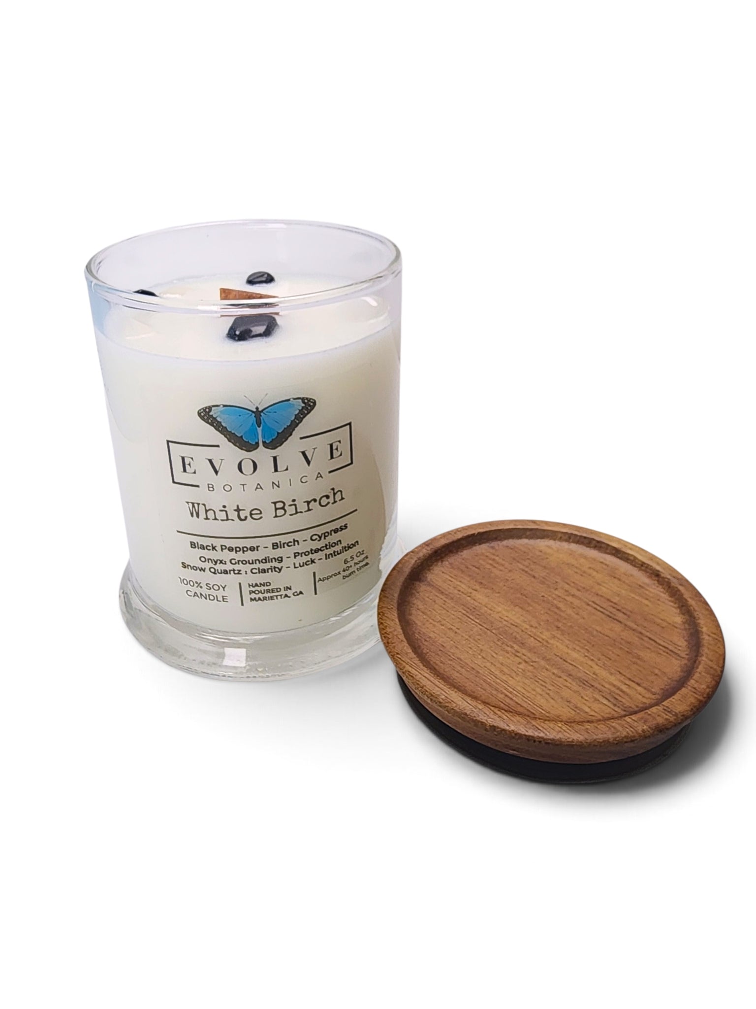 Evolve Botanica White Birch 6.5 oz soy sipper candle, crystal candle on white background, hand-poured in Marietta GA