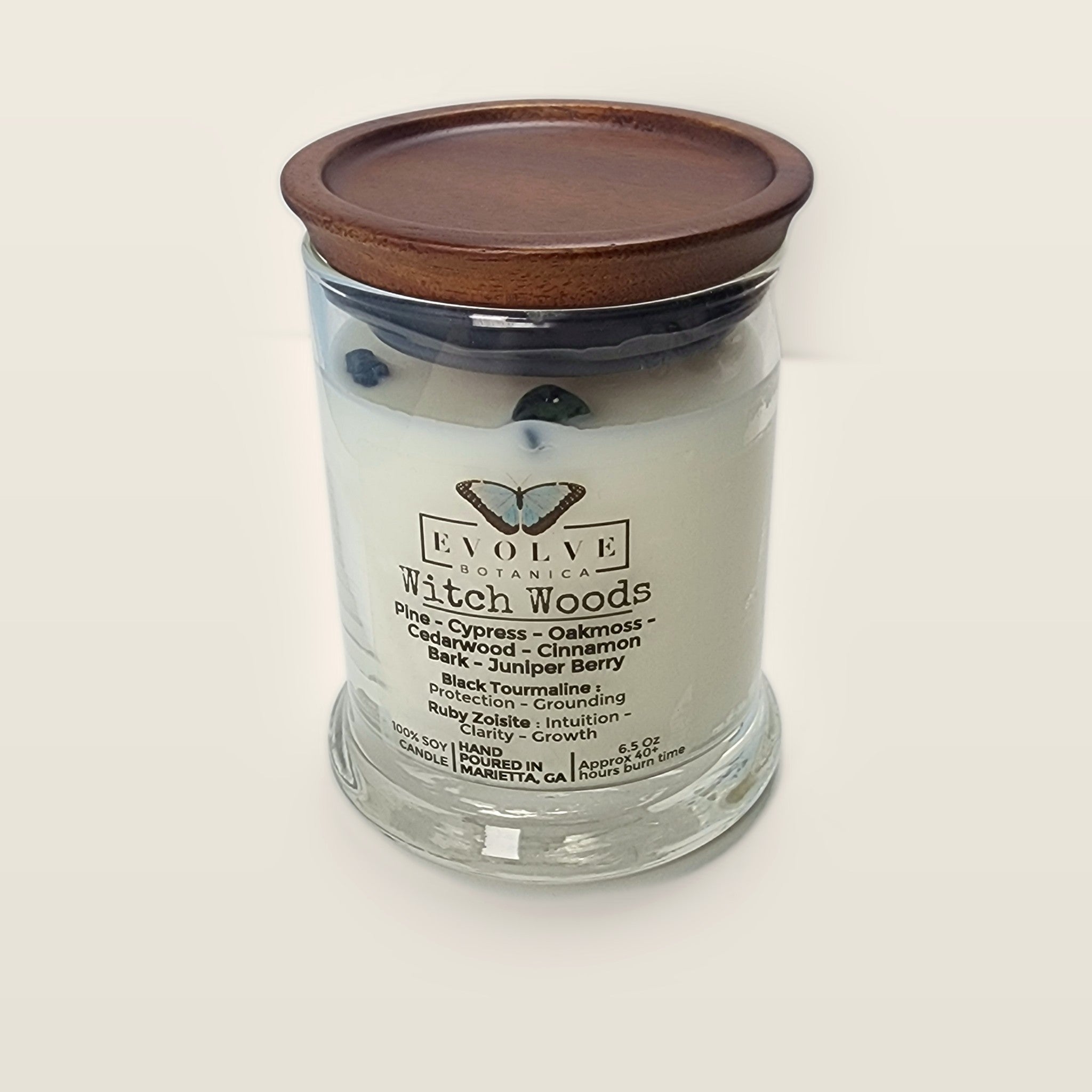 Evolve Botanica Witch Woods 6.5 oz soy sipper candle with wood lid, hand-poured in Marietta GA