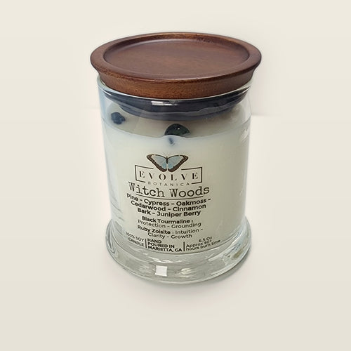 Evolve Botanica Witch Woods 6.5 oz soy sipper candle with wood lid, hand-poured in Marietta GA
