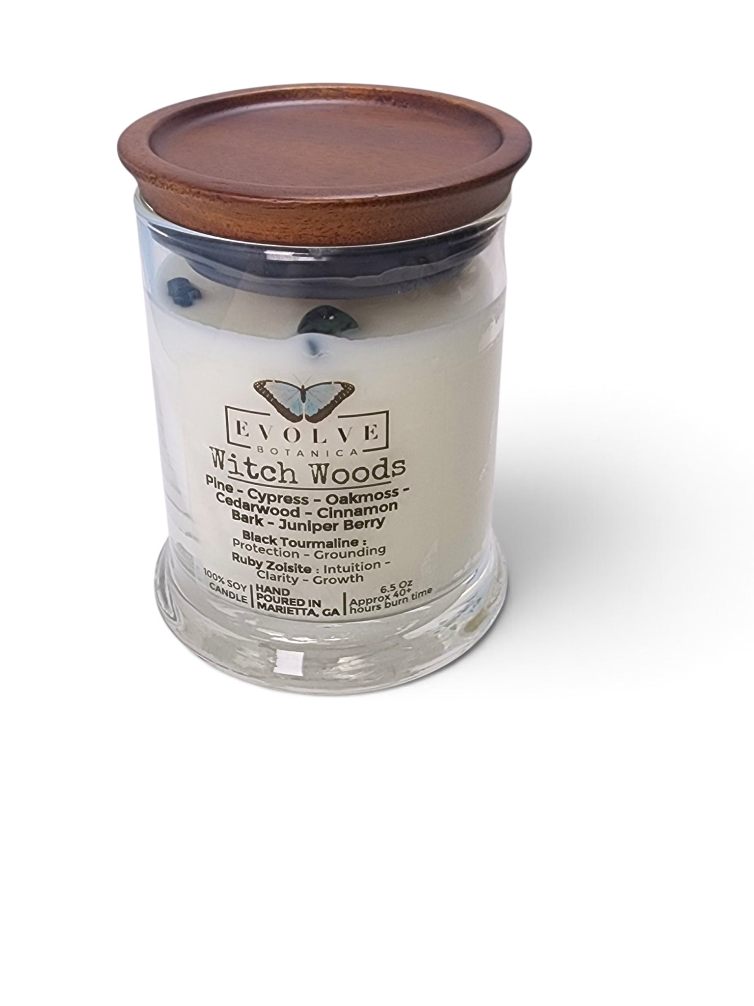 Evolve Botanica Witch Woods 6.5 oz soy sipper candle, crystal candle on white background, hand-poured in Marietta GA