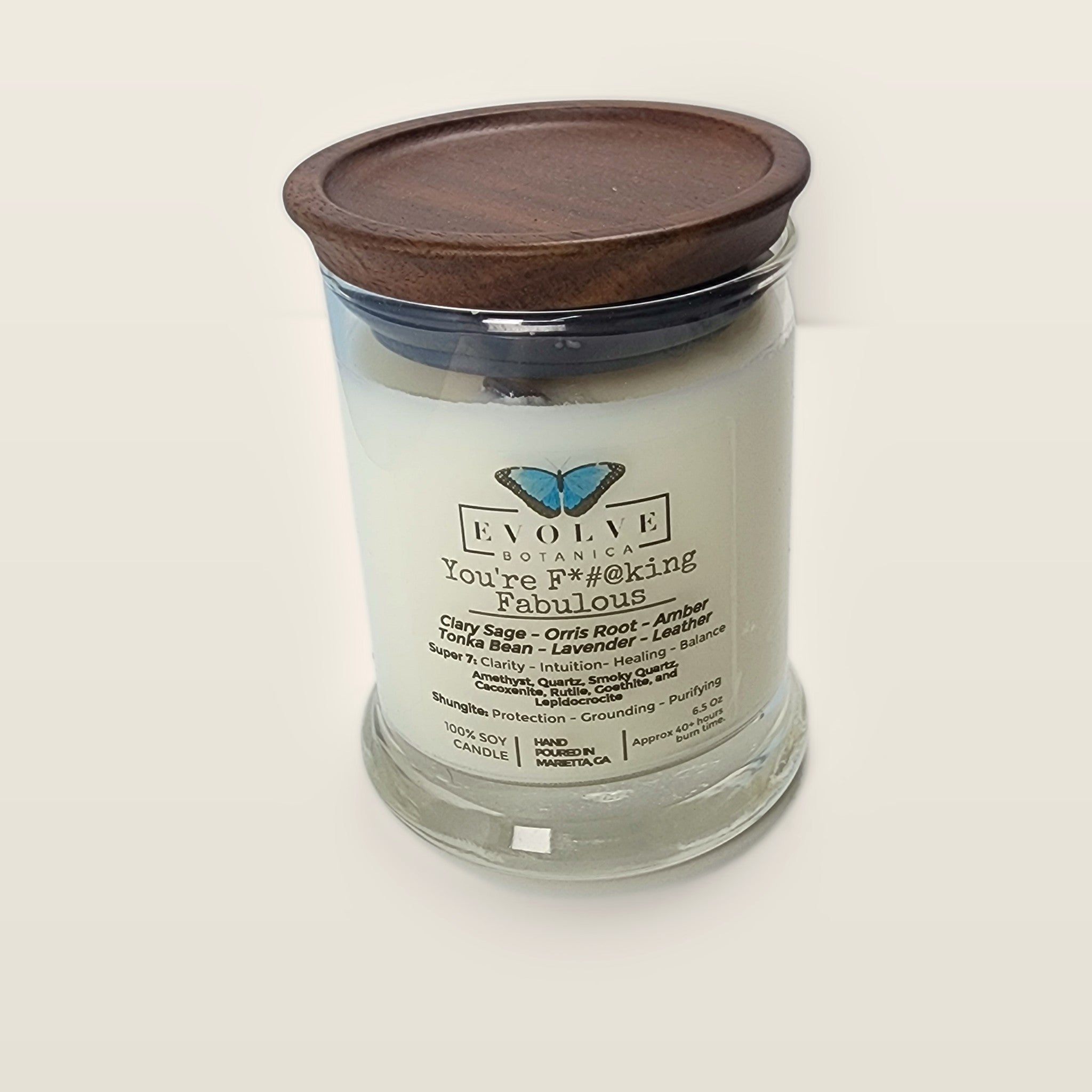 Evolve Botanica You're F#$King Fabulous 6.5 oz soy sipper candle with wood lid, hand-poured in Marietta GA