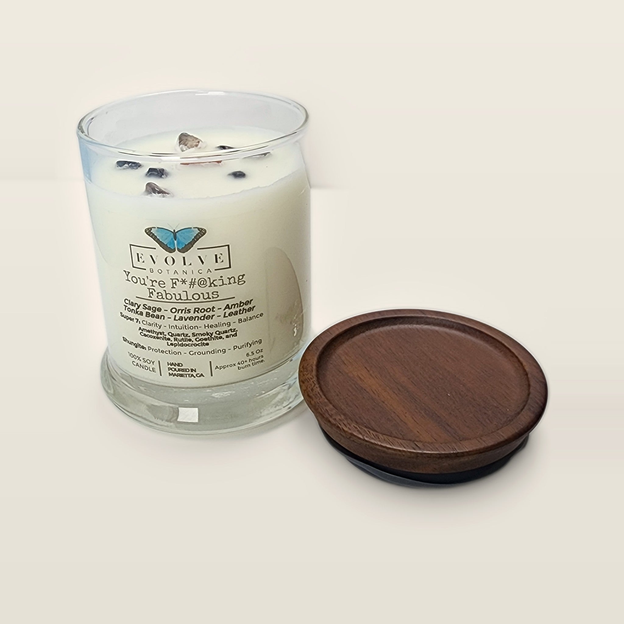 Evolve Botanica You're F#$King Fabulous 6.5 oz soy sipper candle open with wood lid and crystals