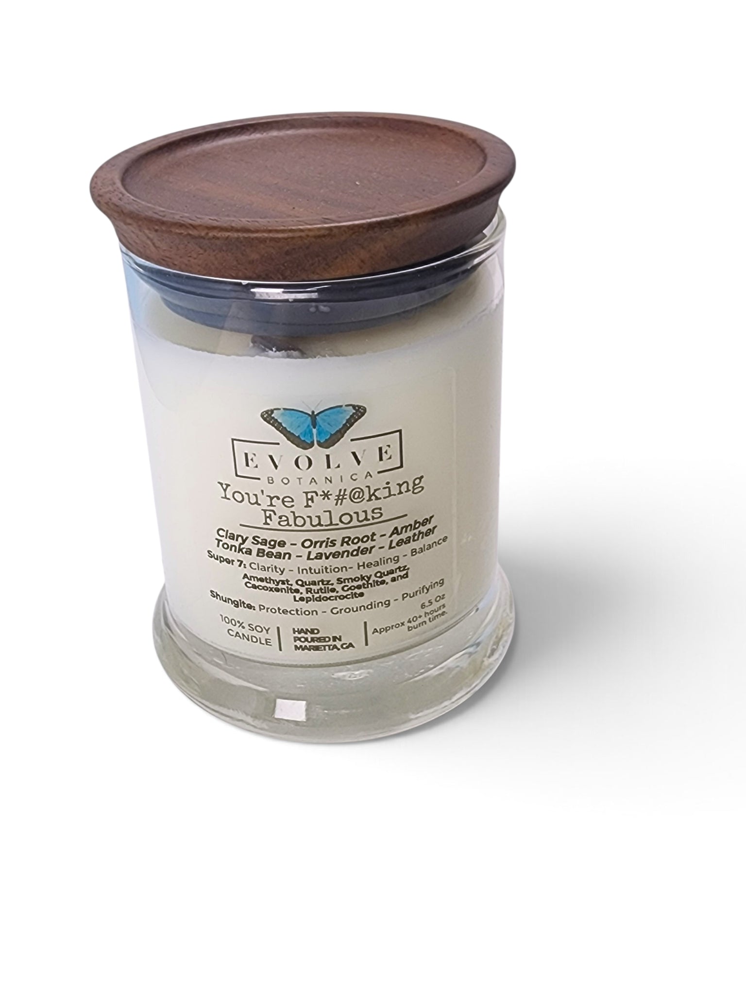 Evolve Botanica You're F#$King Fabulous 6.5 oz soy sipper candle, crystal candle on white background, hand-poured in Marietta GA