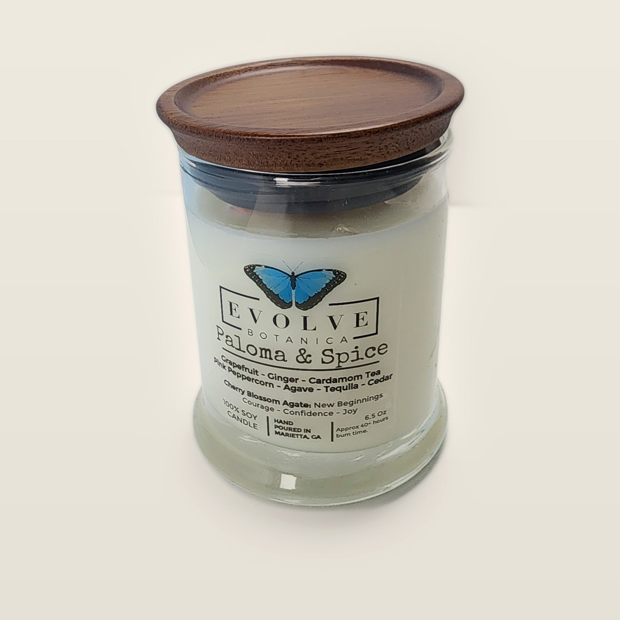 Evolve Botanica Paloma & Spice 6.5 oz soy sipper candle with wood lid, hand-poured in Marietta GA