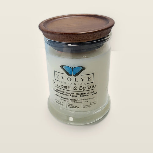 Evolve Botanica Paloma & Spice 6.5 oz soy sipper candle with wood lid, hand-poured in Marietta GA