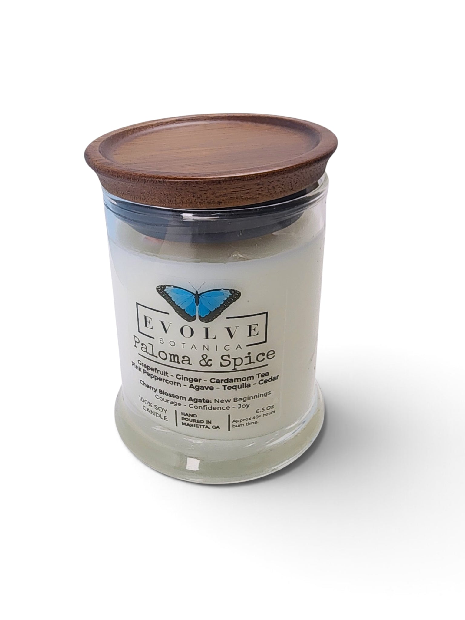 Evolve Botanica Paloma & Spice 6.5 oz soy sipper candle, crystal candle on white background, hand-poured in Marietta GA