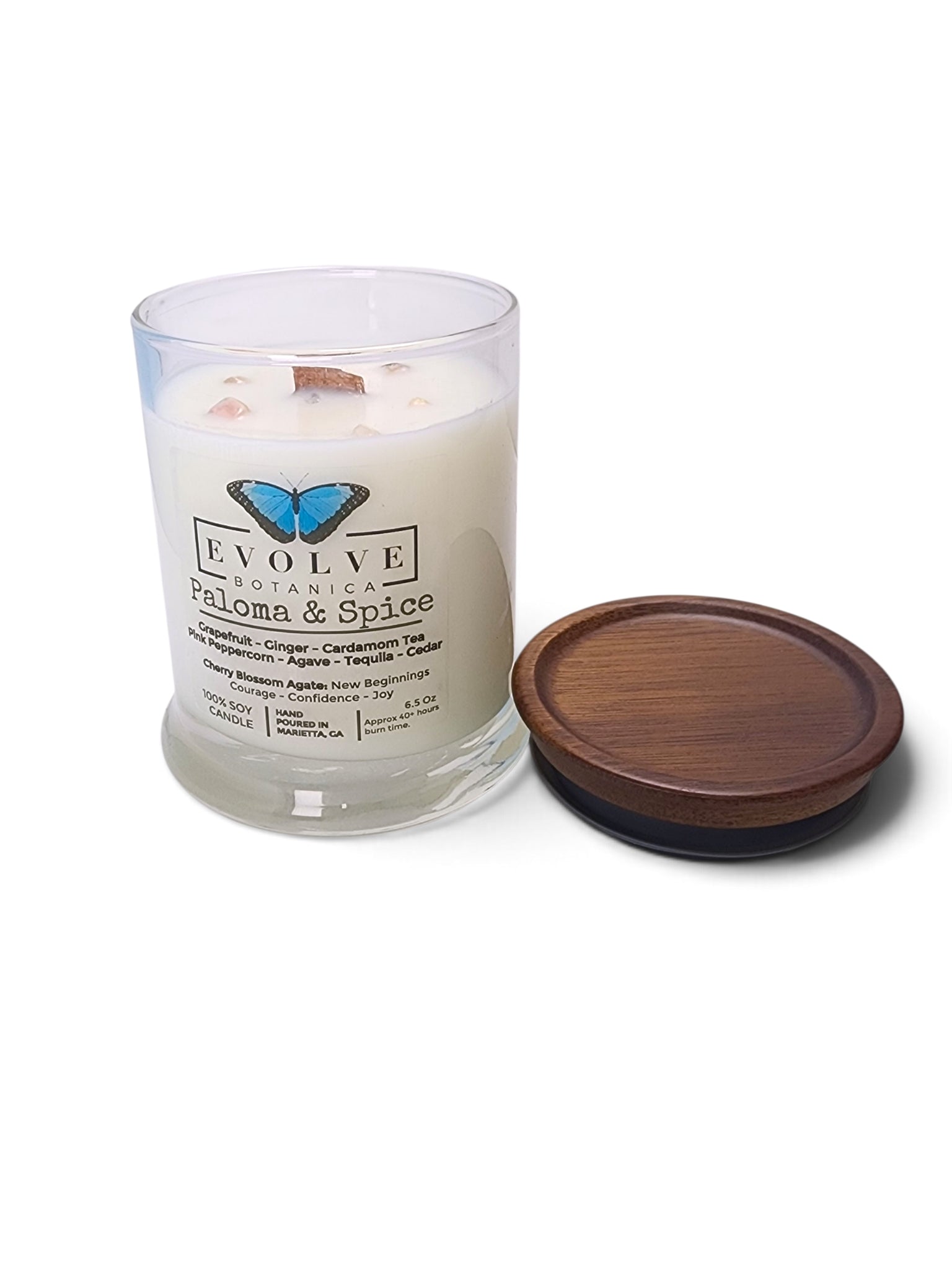 Evolve Botanica Paloma & Spice 6.5 oz soy sipper candle, crystal candle on white background, hand-poured in Marietta GA