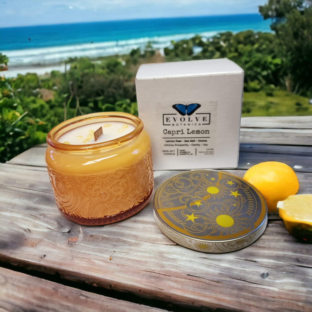 Capri Lemon - Wood Wick Soy Candle (Citrine) - Embossed Glass Evolve Botanica