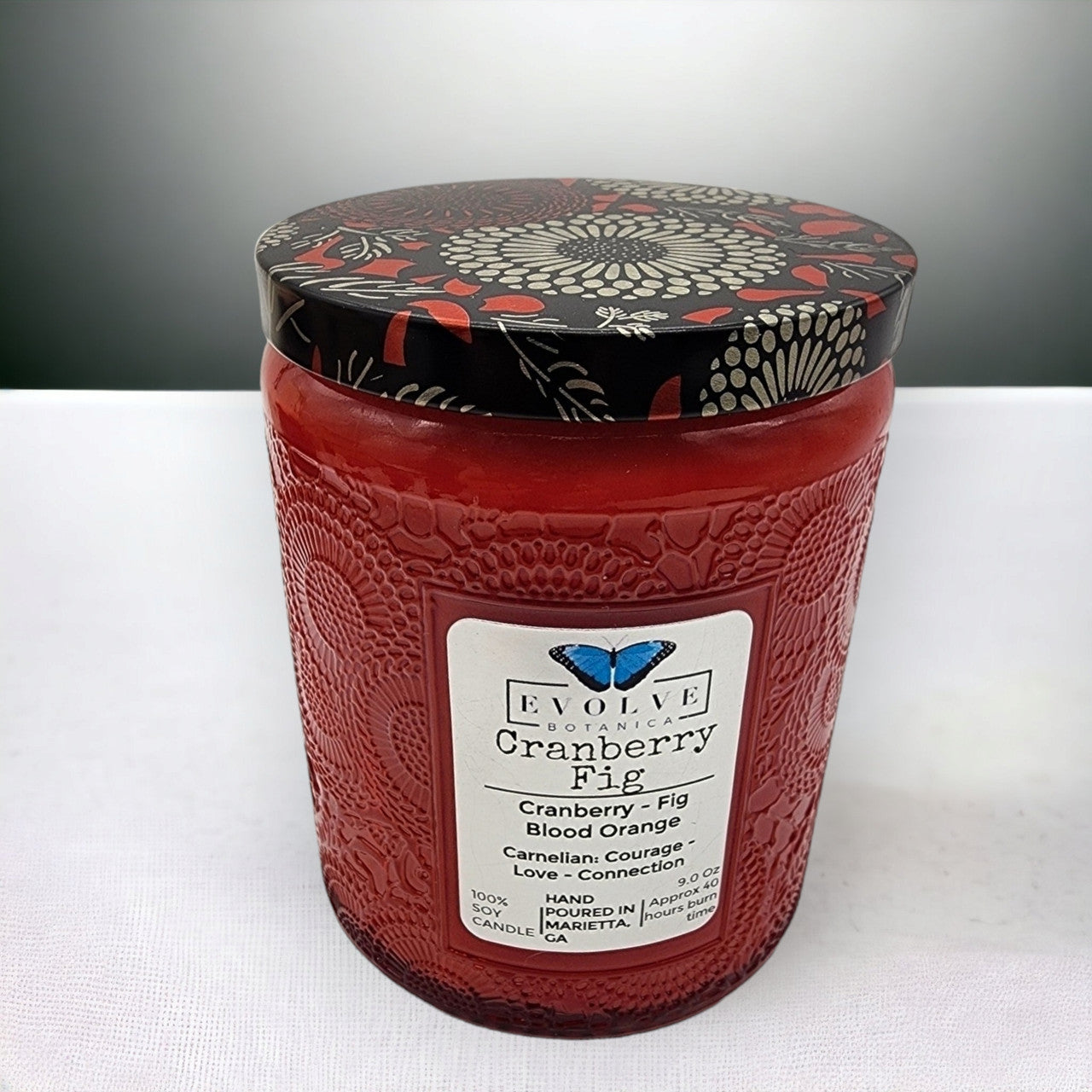 Evolve Botanica Cranberry Fig - Wood Wick Soy Candle (Carnelian) - Embossed Glass