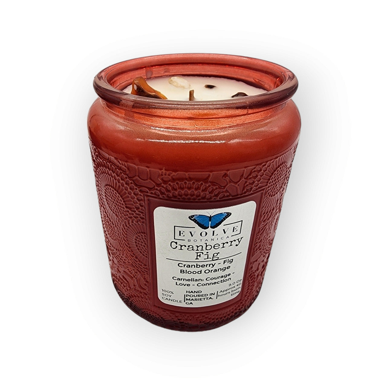 Evolve Botanica Cranberry Fig - Wood Wick Soy Candle (Carnelian) - Embossed Glass