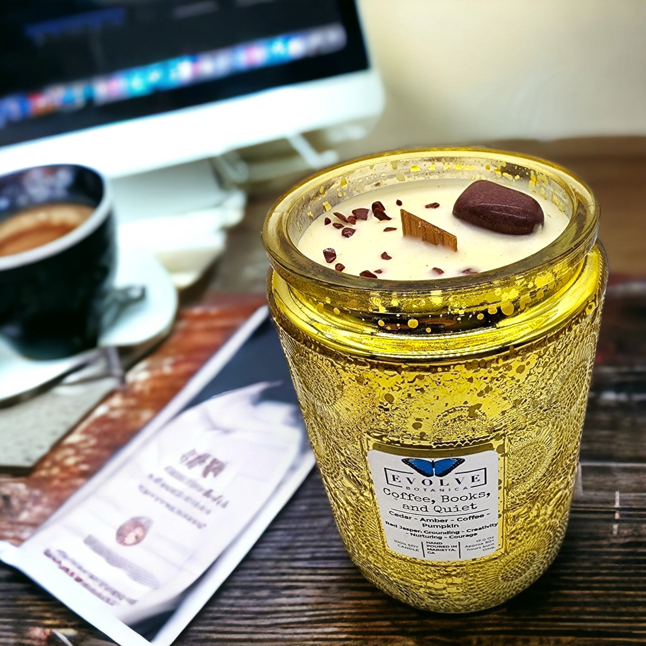 Evolve Botanica Coffee, Books, & Quiet - Wood Wick Soy Candle (Jasper) - Embossed Glass