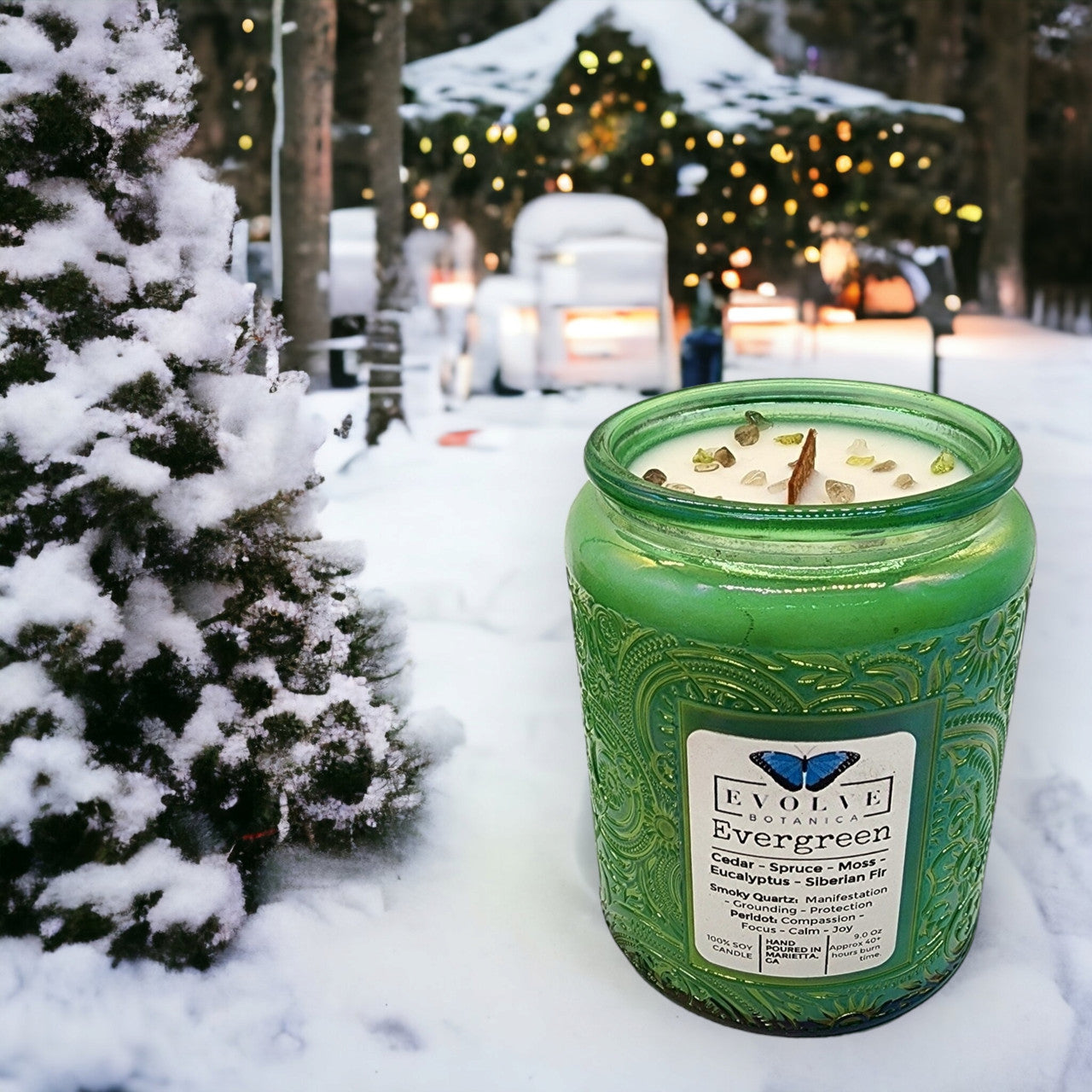 Evolve Botanica Evergreen - Wood Wick Soy Candle (Peridot & Smoky Quartz )- Embossed Glass