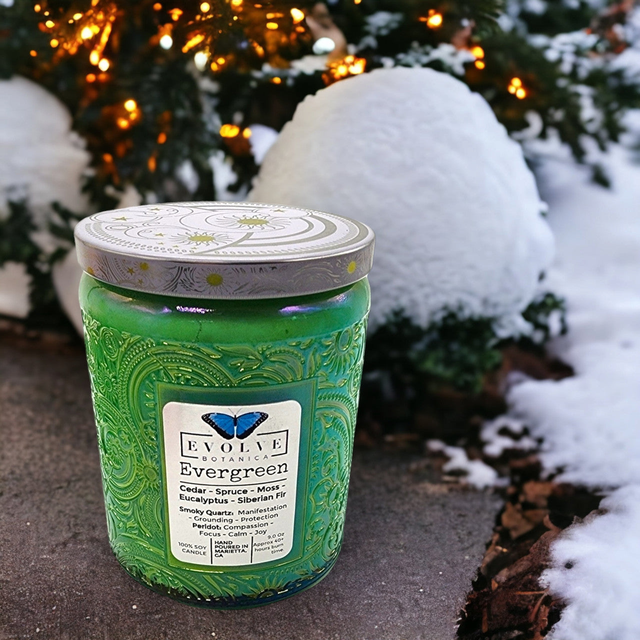 Evolve Botanica Evergreen - Wood Wick Soy Candle (Peridot & Smoky Quartz )- Embossed Glass