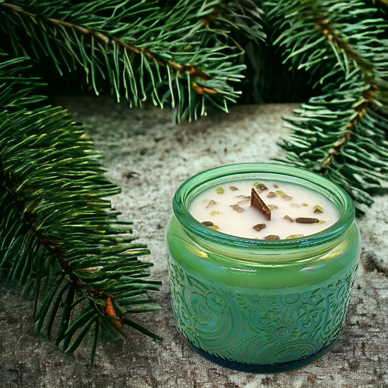 Evolve Botanica Evergreen - Wood Wick Soy Candle (Peridot & Smoky Quartz )- Embossed Glass