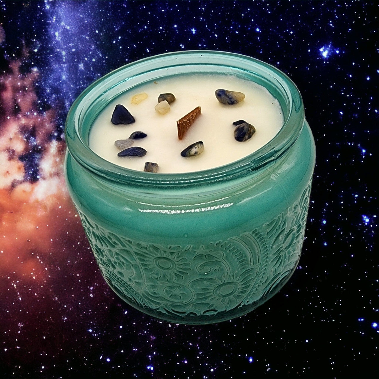 Evolve Botanica Nebula - Wood Wick Soy Candle (Sodalite) - Embossed Glass