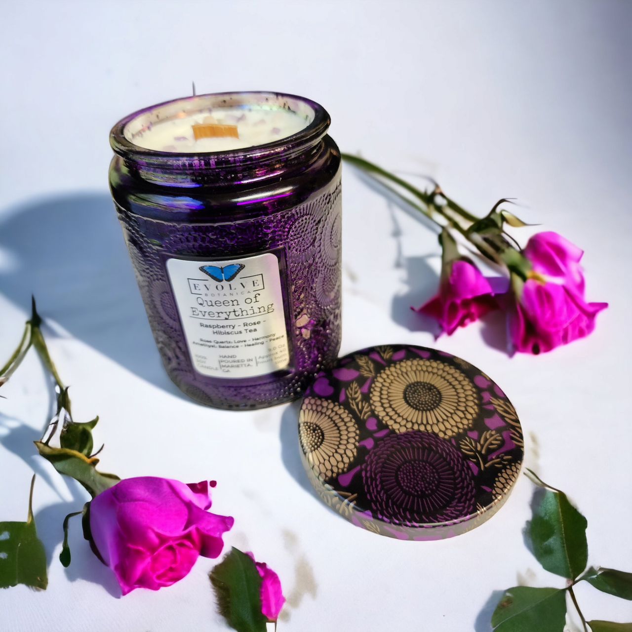 Evolve Botanica Queen of Everything - 4 oz Wood Wick Soy Candle (Amethyst, Rose Quartz)