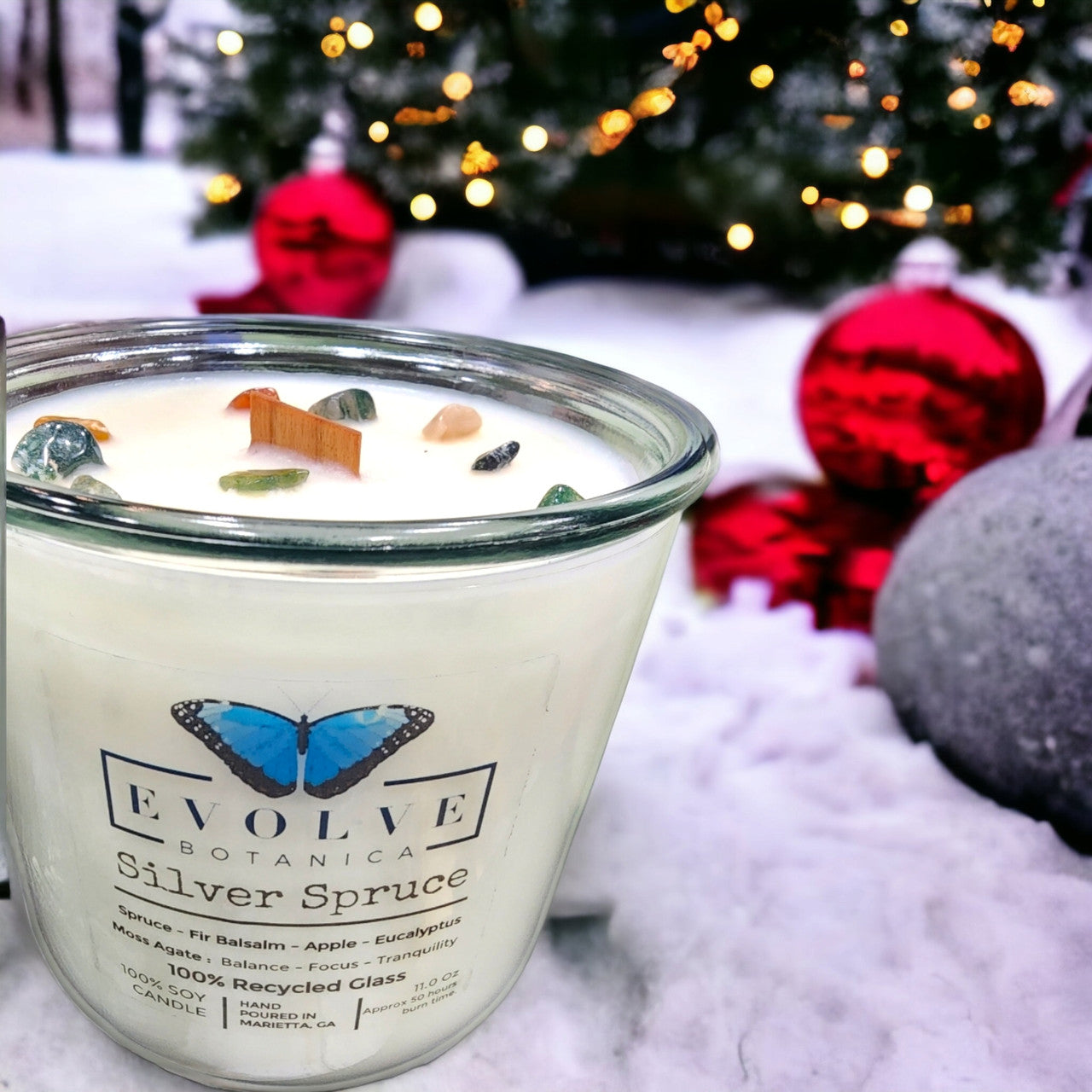 Evolve Botanica Rocks Candle - Silver Spruce (Wood Wick Moss Agate Gemstone Soy Candle)