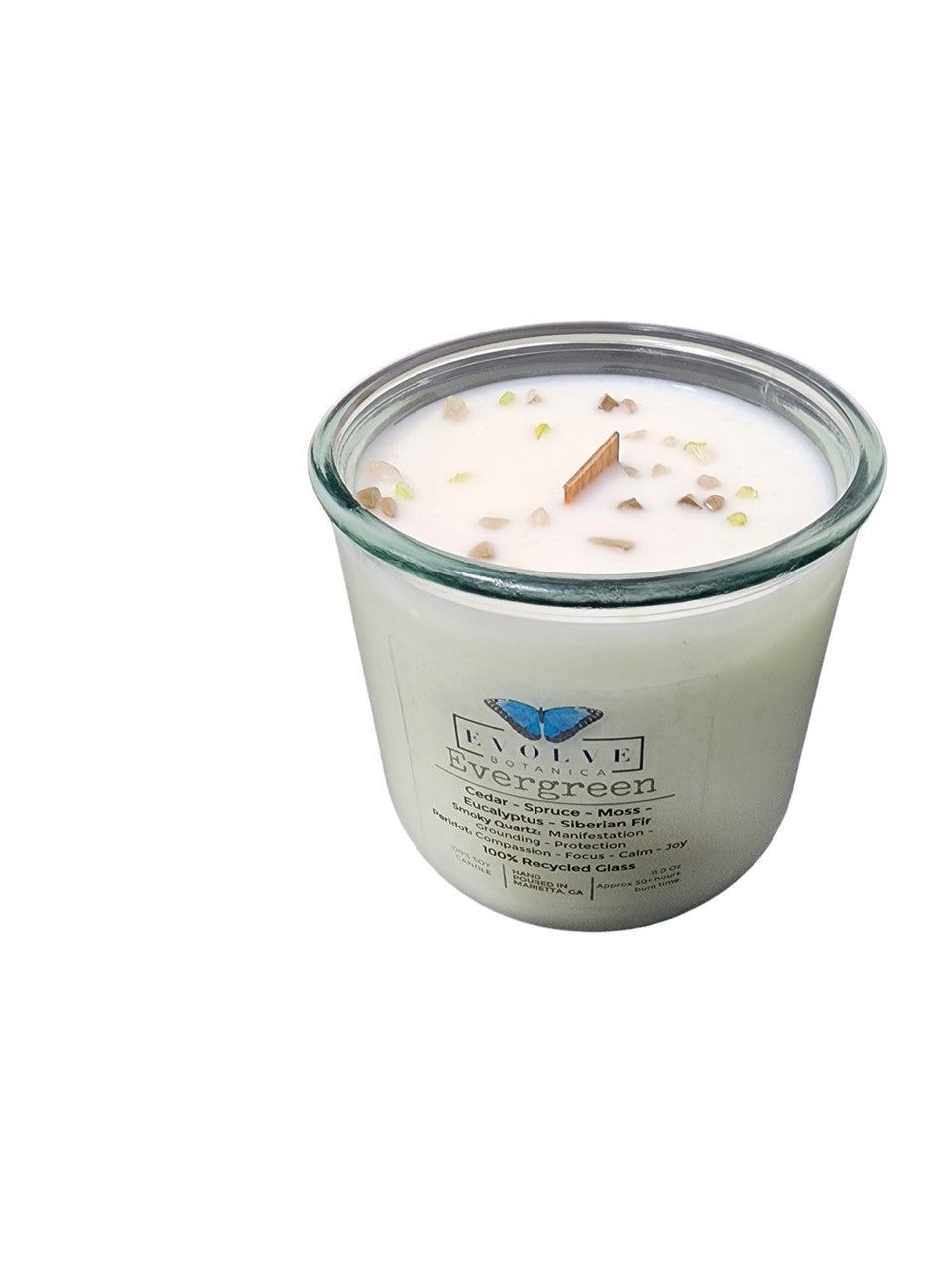 Evolve Botanica Rocks Candle - Evergreen (Wood Wick Peridot & Smoky Quartz Gemstone Soy Candle)