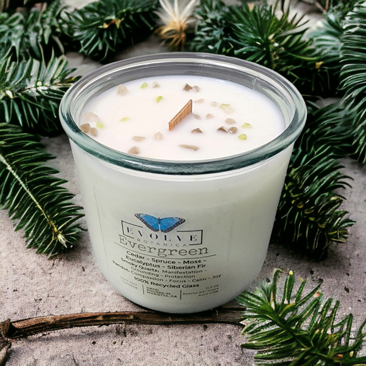 Evolve Botanica Rocks Candle - Evergreen (Wood Wick Peridot & Smoky Quartz Gemstone Soy Candle)