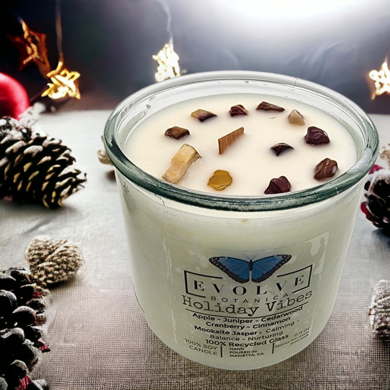 Evolve Botanica Rocks Candle - Holiday Vibes (Wood Wick Mookite Gemstone Soy Candle)