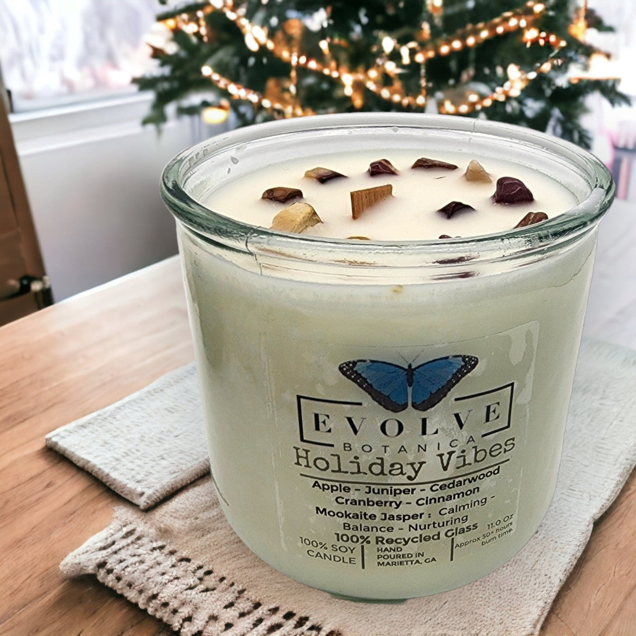 Evolve Botanica Rocks Candle - Holiday Vibes (Wood Wick Mookite Gemstone Soy Candle)