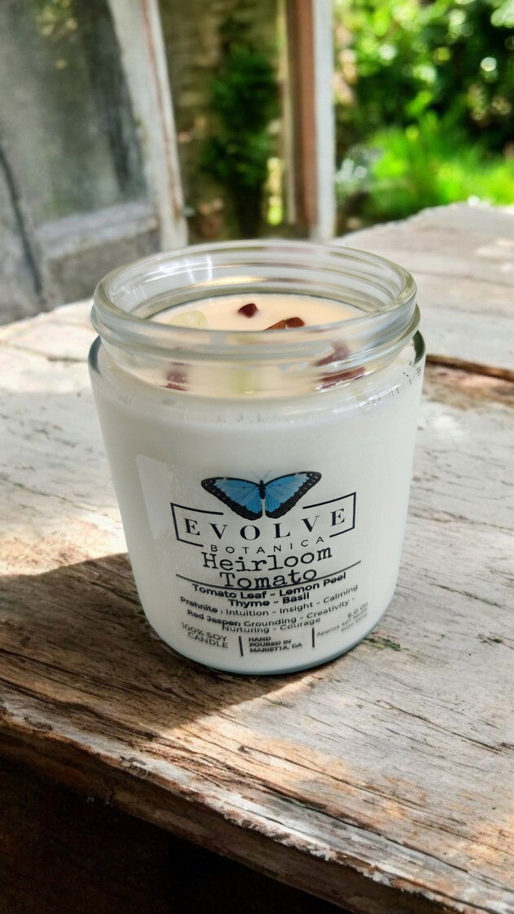 Evolve Botanica Classic 9oz Jam Jar Crystal Soy Candle - Heirloom Tomato (Prehnite & Red Jasper)