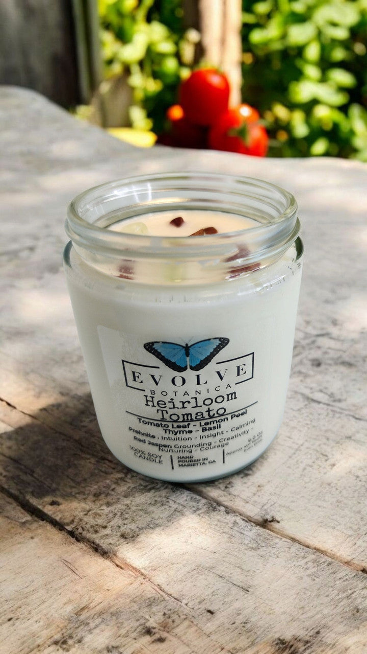 Evolve Botanica Classic 9oz Jam Jar Crystal Soy Candle - Heirloom Tomato (Prehnite & Red Jasper)