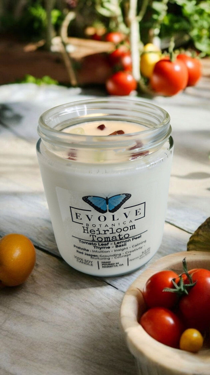 Evolve Botanica Classic 9oz Jam Jar Crystal Soy Candle - Heirloom Tomato (Prehnite & Red Jasper)