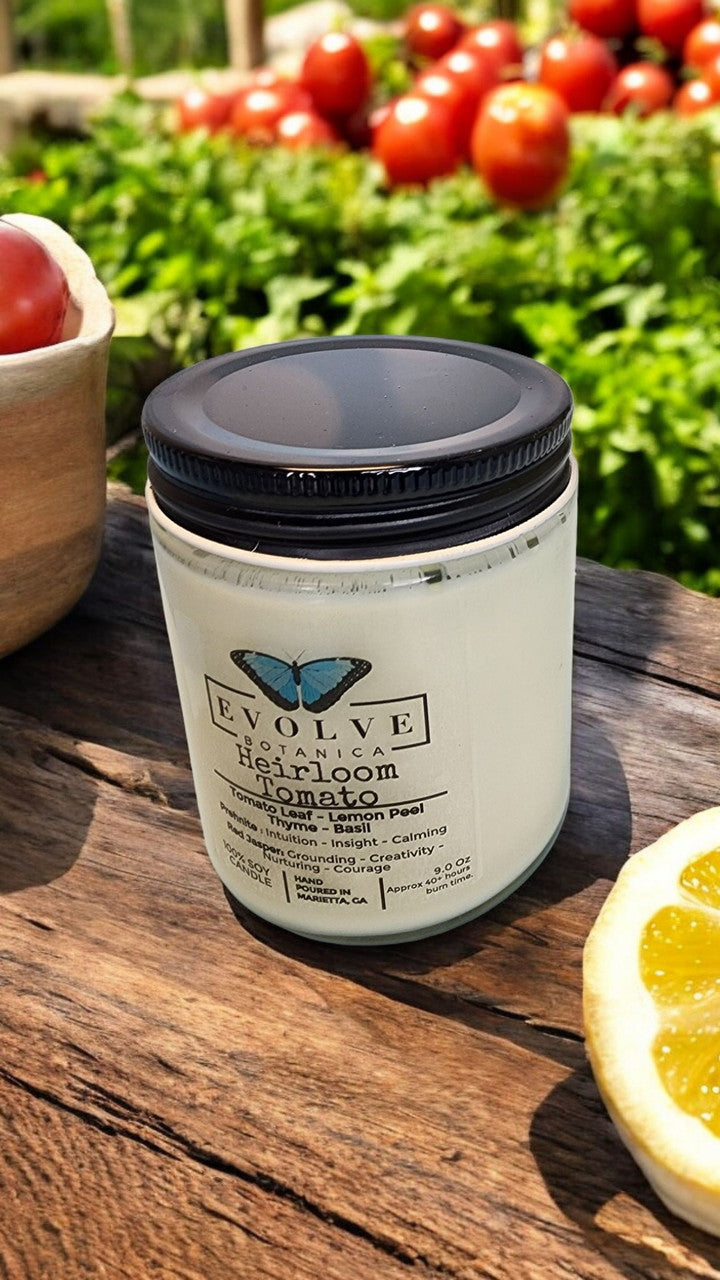 Evolve Botanica Classic 9oz Jam Jar Crystal Soy Candle - Heirloom Tomato (Prehnite & Red Jasper)