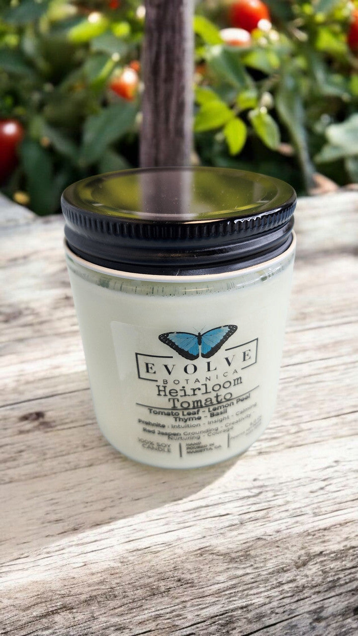 Evolve Botanica Classic 9oz Jam Jar Crystal Soy Candle - Heirloom Tomato (Prehnite & Red Jasper)