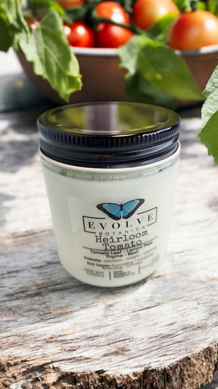 Evolve Botanica Classic 9oz Jam Jar Crystal Soy Candle - Heirloom Tomato (Prehnite & Red Jasper)